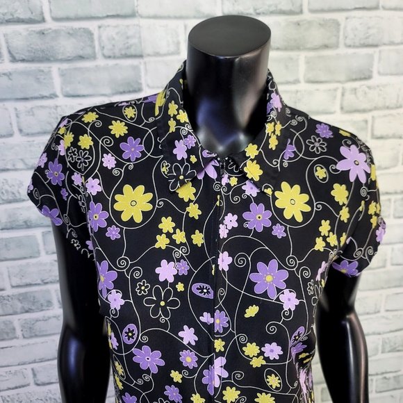 Vintage 90s does 60s Born in America M Floral Shift Mini Dress Zip Front Collar - Picture 2 of 9